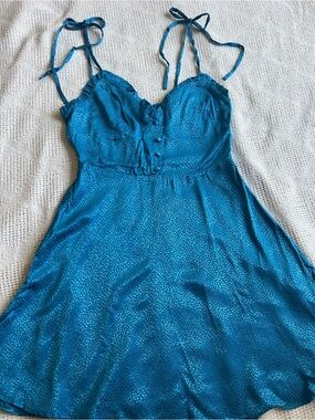 Zara Teal Satin Jacquard Tie-Strap Mini Dress Size S